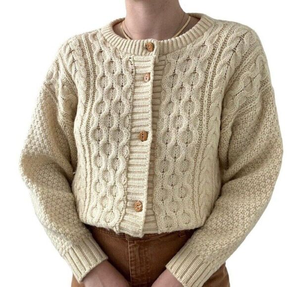 Vintage Womens Moffat Woollens White Wool Fisherman Scottish Cardigan Sz M - Picture 1 of 9